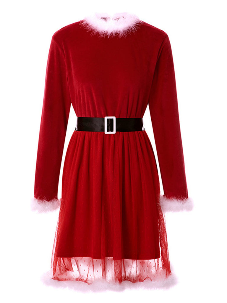 Red 1960s Velvet Mesh Patchwork Belted Dress