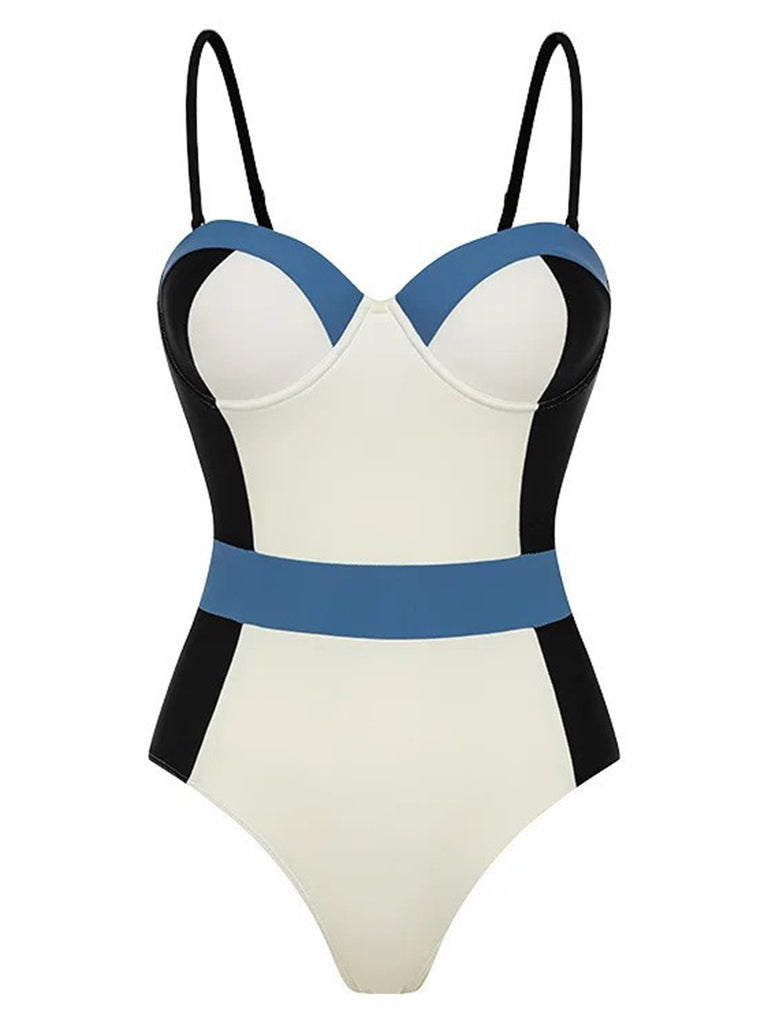 1940s Spaghetti Strap Color Block One-Piece Swimsuit