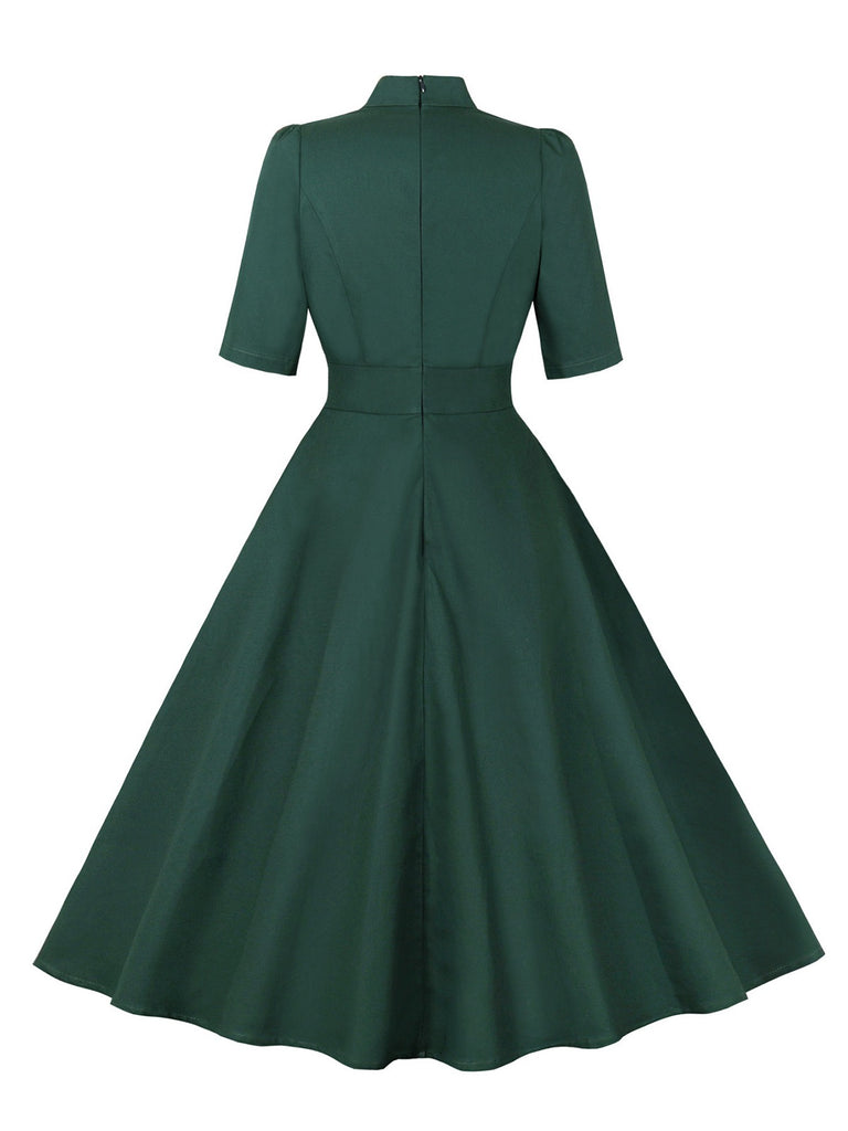 Green 1950s Cotton Tie Elbow Sleeves Dress