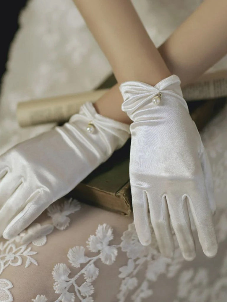 Vintage Solid Pearl Stretch Satin Short Gloves