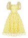 Yellow 3D Floral Puff Sleeves Swing Dress