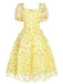 Yellow 3D Floral Puff Sleeves Swing Dress