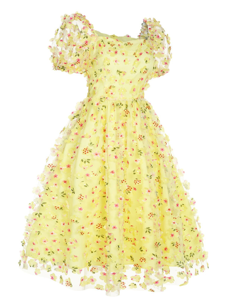 Yellow 3D Floral Puff Sleeves Swing Dress