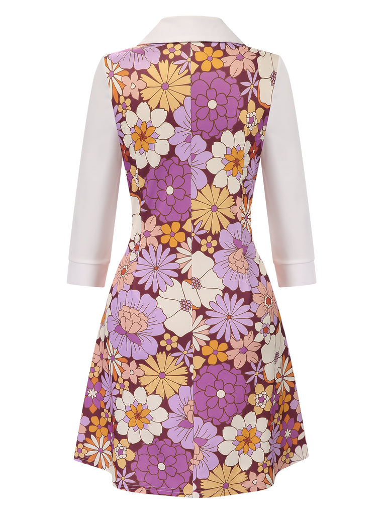 [Pre-Sale] Purple 1960s Lapel Flowers Patchwork Dress