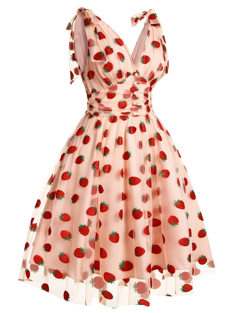 Pink 1950s Strawberry Mesh Swing Dress