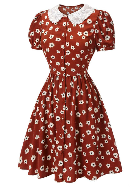 Red 1960s Floral Puff Sleeve Flared Dress | Retro Stage