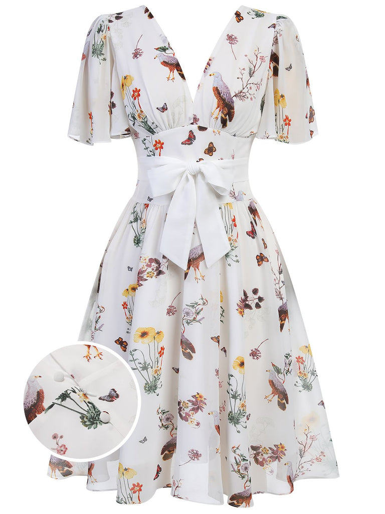 [Pre-Sale] White Flowers And Birds Bowknot V-Neck Dress