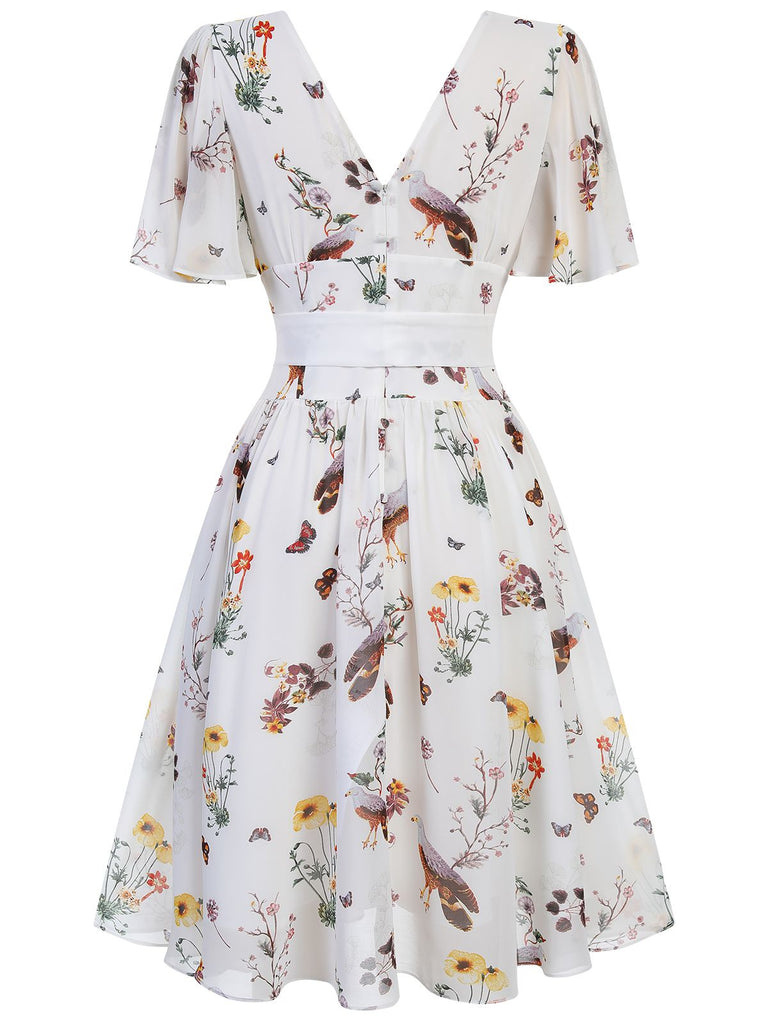 [Pre-Sale] White Flowers And Birds Bowknot V-Neck Dress