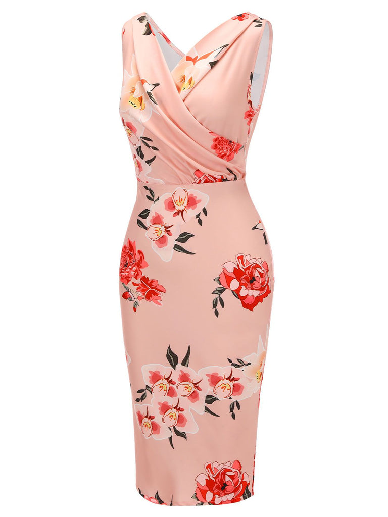 Pink 1960s V-neck Wrap Floral Pencil Dress