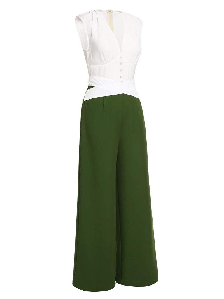 White & Dark Green 1930s Back Bow Jumpsuit | Retro Stage