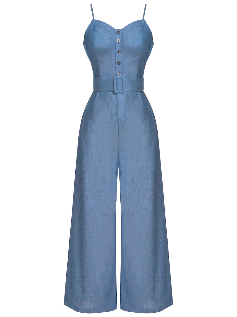 [Pre-Sale] Blue 1930s Cowboy Solid Strap Jumpsuit