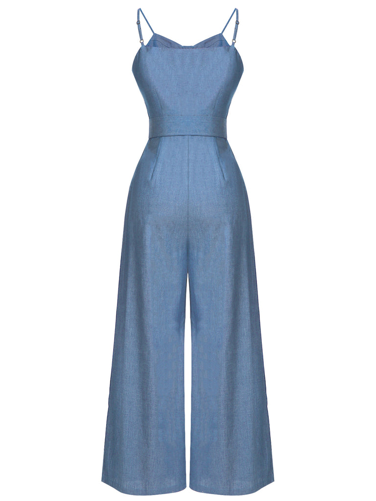 [Pre-Sale] Blue 1930s Cowboy Solid Strap Jumpsuit