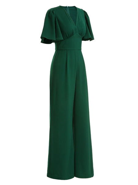 Green 1930s Solid V-Neck Jumpsuit | Retro Stage