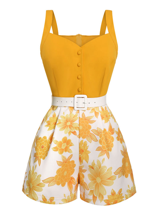 Yellow 1950s Spaghetti Strap Floral Romper