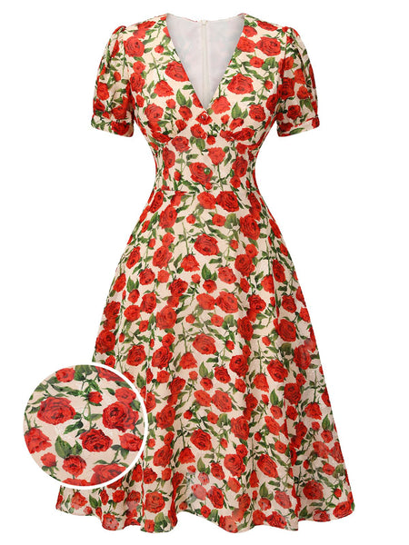 Red 1940s Rose V-Neck Swing Dress | Retro Stage