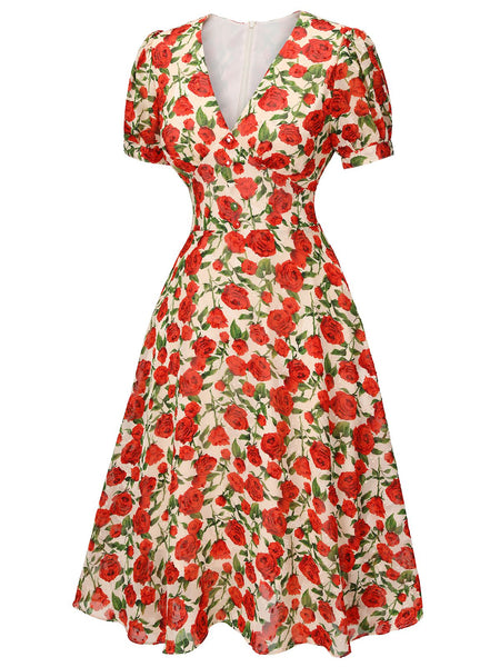 Red 1940s Rose V-Neck Swing Dress | Retro Stage