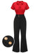 2PCS 1940s Red Tie-Up Blouse & Black Pants