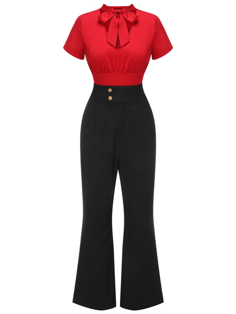 2PCS 1940s Red Tie-Up Blouse & Black Pants