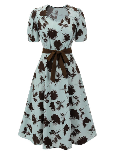 1940s Blue Floral Dress With Bow Belt | Retro Stage