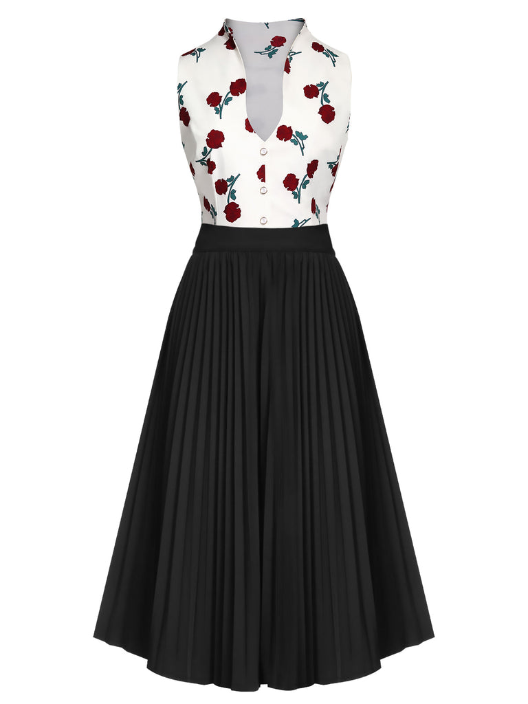 2PCS 1950s White Roses Top & Black Skirt