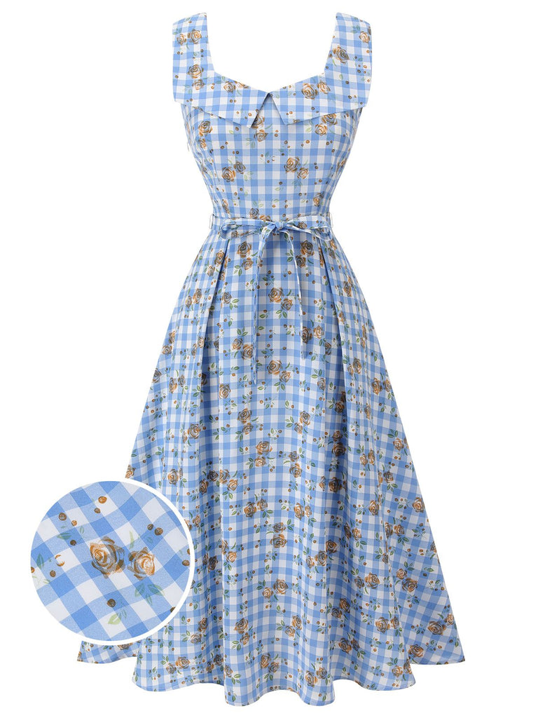 Blue 1940s Rose Gingham Lace Up Dress