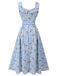 Blue 1940s Rose Gingham Lace Up Dress