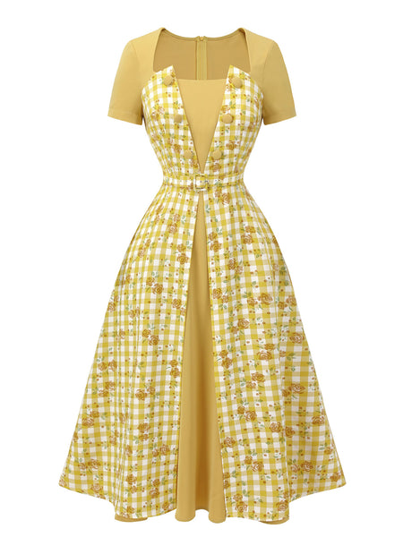 Yellow 1950s Plaid Rose Panel Raglan Dress | Retro Stage