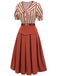 2PCS Orange Red 1950s Striped Blouse & Pleated Skirt