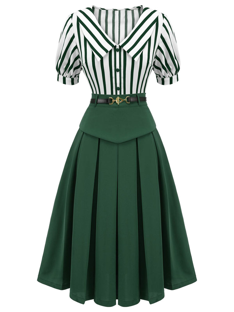 [Pre-Sale] 2PCS Green 1950s Striped Blouse & Pleated Skirt