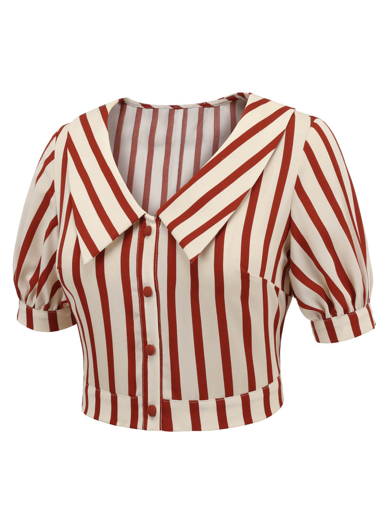 2PCS Orange Red 1950s Striped Blouse & Pleated Skirt