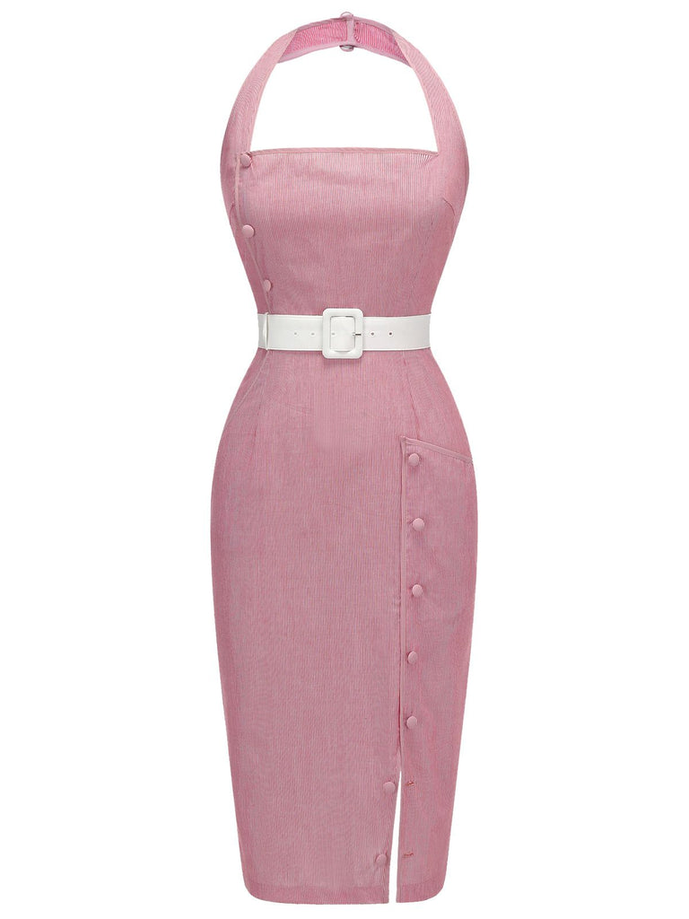 Pink 1960s Halter Stripes Belted Bodycon Dress