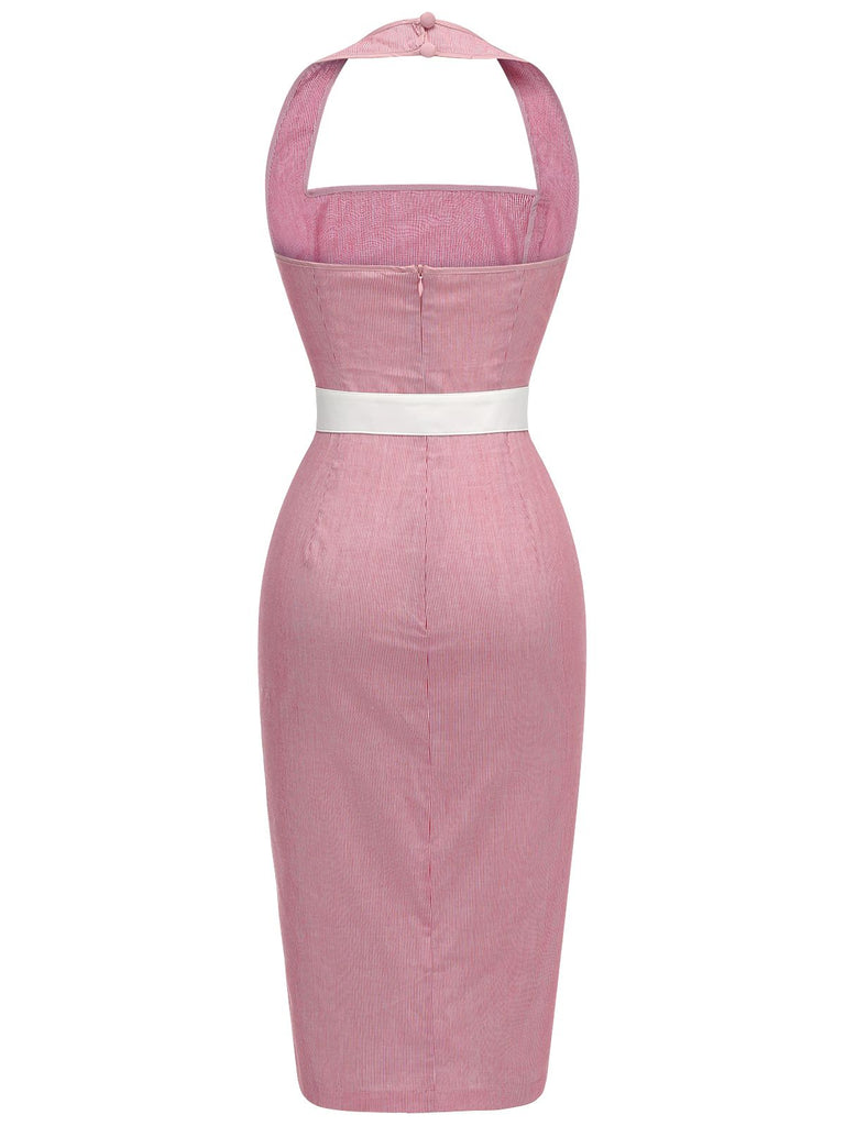 Pink 1960s Halter Stripes Belted Bodycon Dress