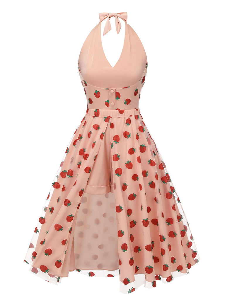 2PCS Pink 1950s Halter Strawberry Romper & Umbrella Skirt | Retro Stage