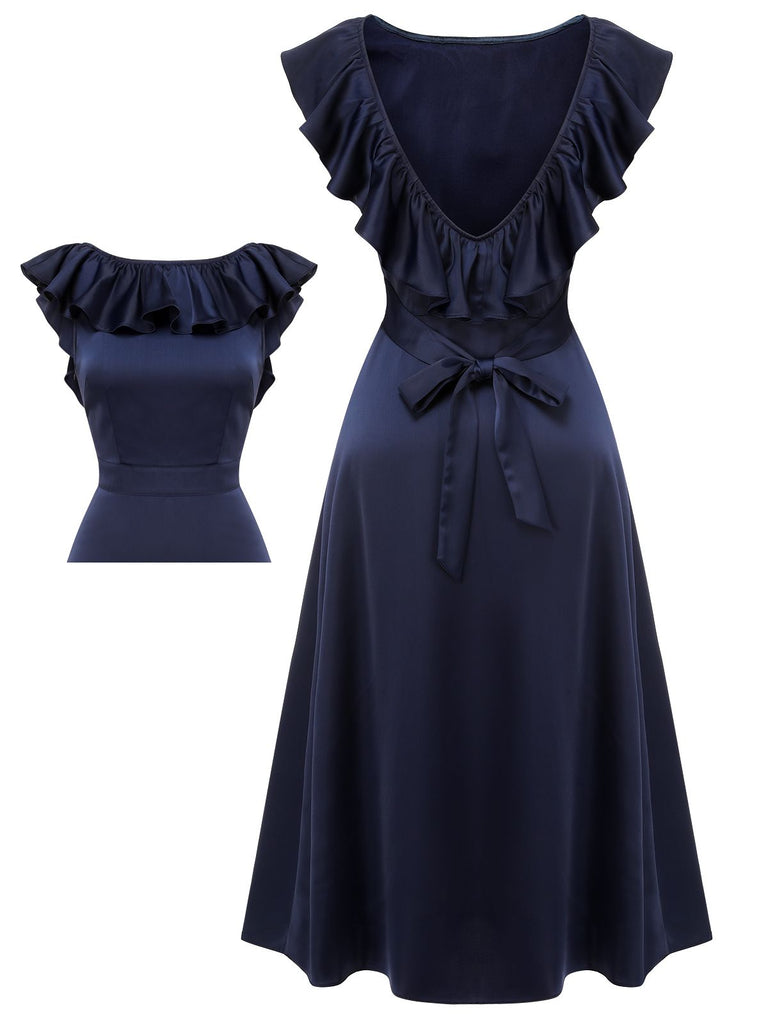 Dark Blue 1930s Flounce Sleeve Cowl Neck Trumpet Dress