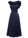 Dark Blue 1930s Flounce Sleeve Cowl Neck Trumpet Dress