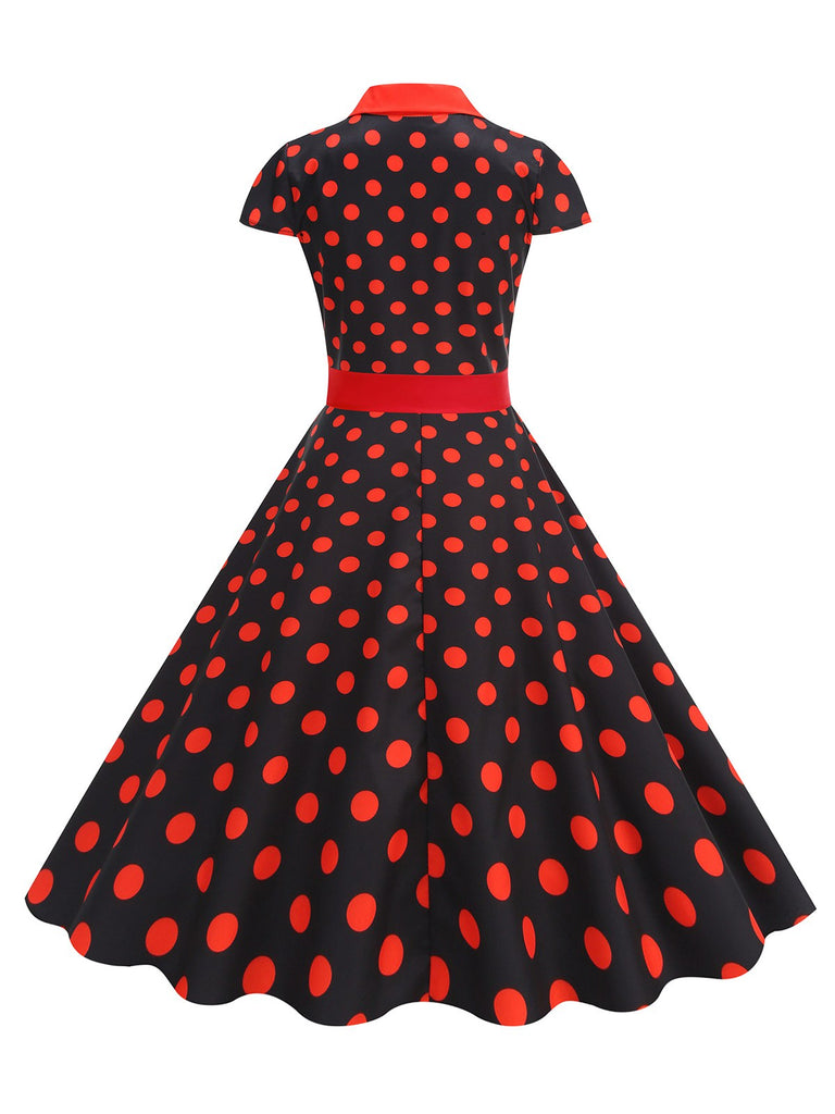 1950s Lapel Polka Dots Bow Swing Dress