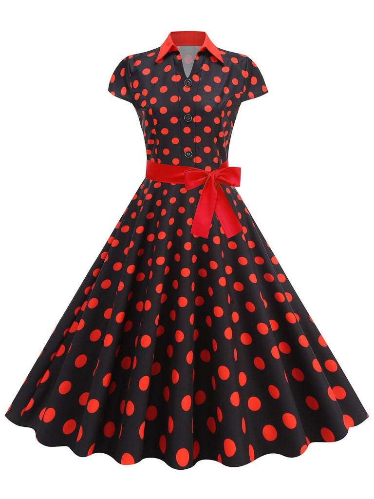 1950s Lapel Polka Dots Bow Swing Dress