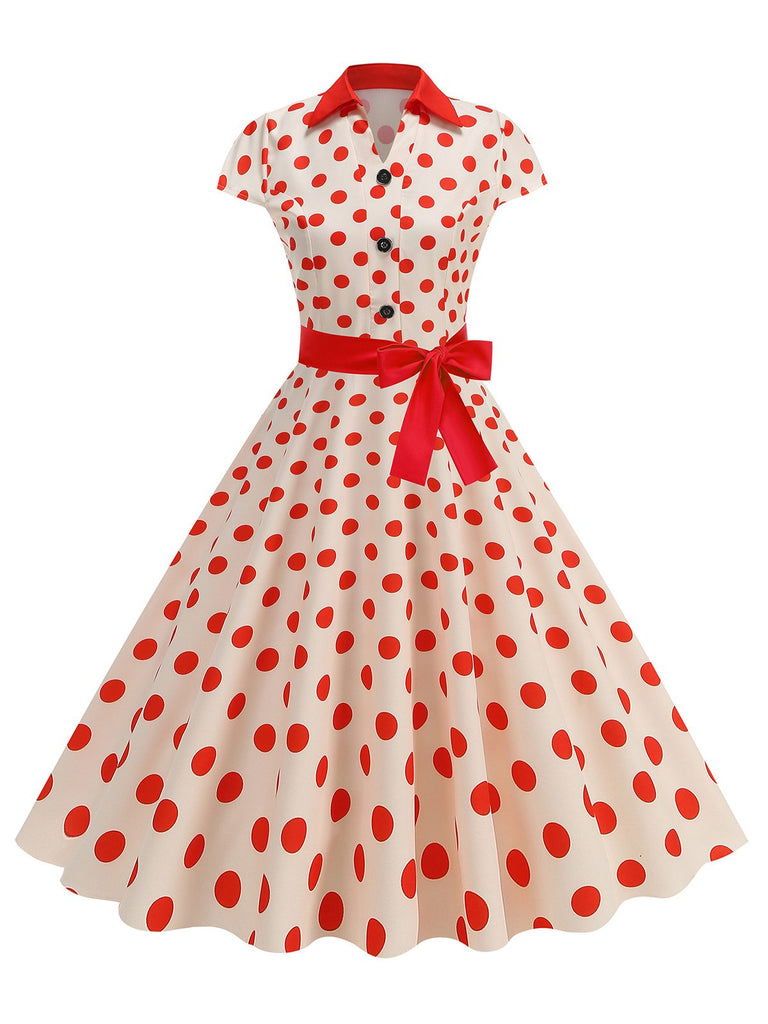 1950s Lapel Polka Dots Bow Swing Dress