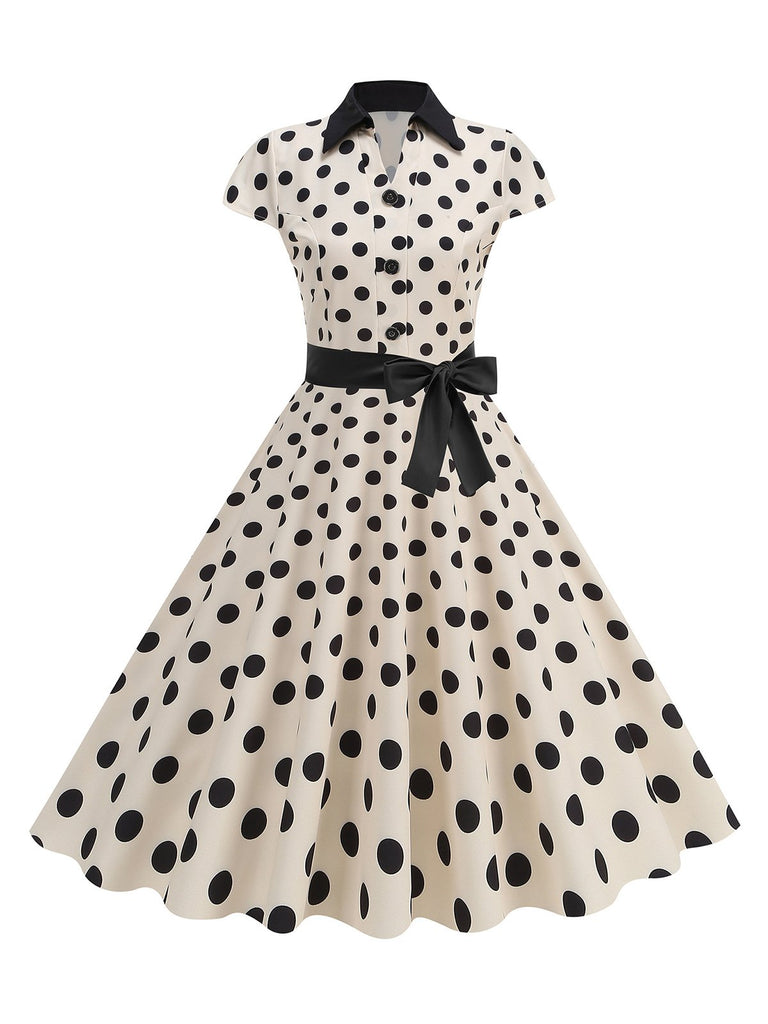 1950s Lapel Polka Dots Bow Swing Dress