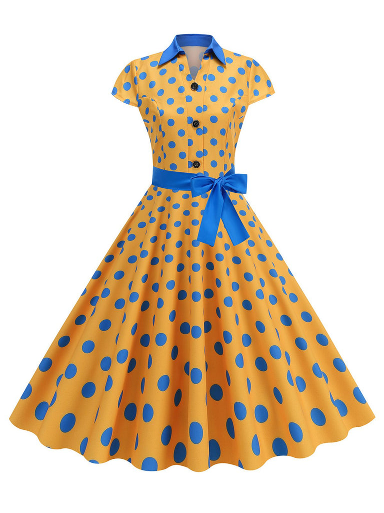 1950s Lapel Polka Dots Bow Swing Dress