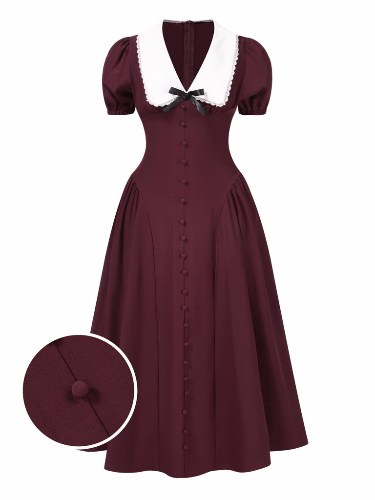 Wine Red 1950s V-Neck Bow Puff Sleeve Dress