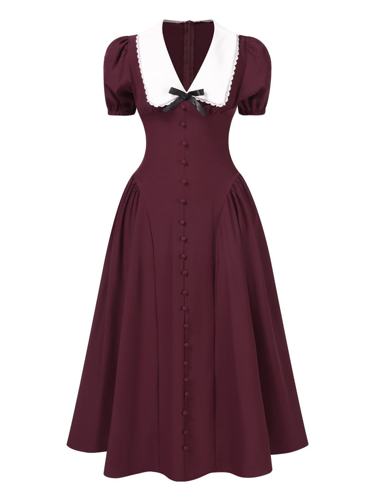 Wine Red 1950s V-Neck Bow Puff Sleeve Dress