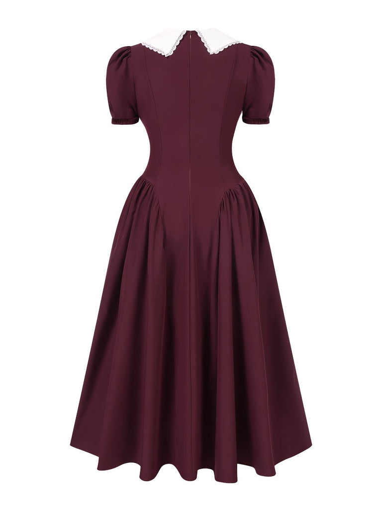 Wine Red 1950s V-Neck Bow Puff Sleeve Dress