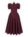 Wine Red 1950s V-Neck Bow Puff Sleeve Dress