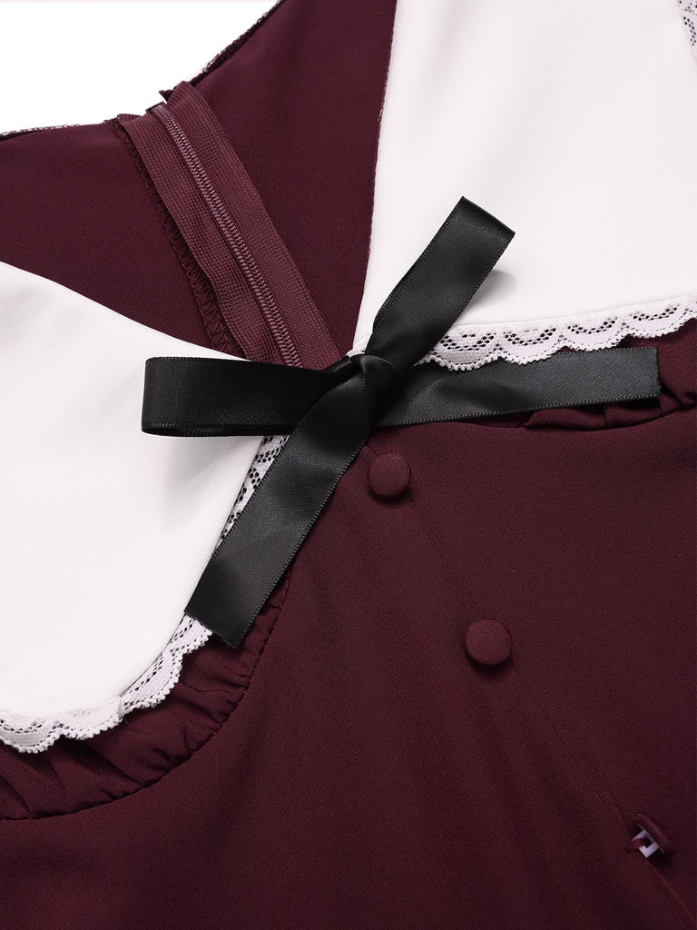 Wine Red 1950s V-Neck Bow Puff Sleeve Dress