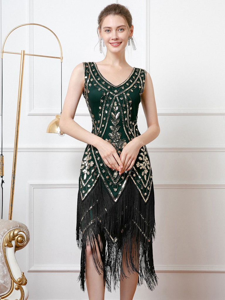 1920s V-Neck Sequined Tassel Flapper Sleeveless Dress