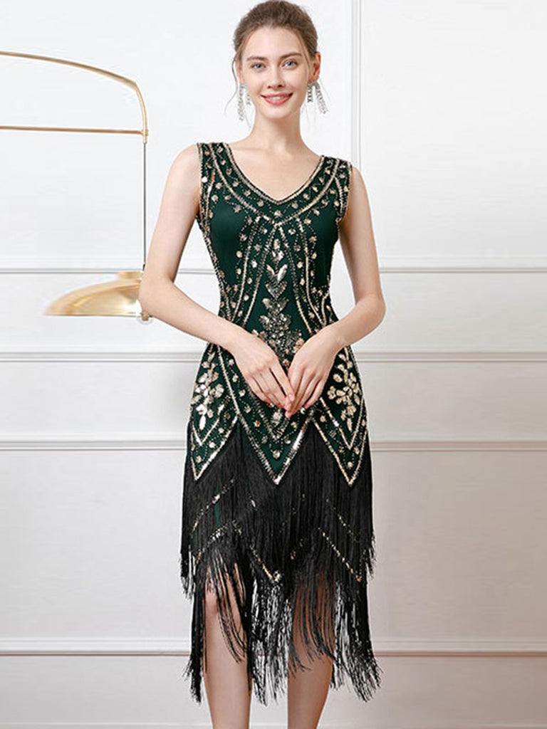 1920s V-Neck Sequined Tassel Flapper Sleeveless Dress