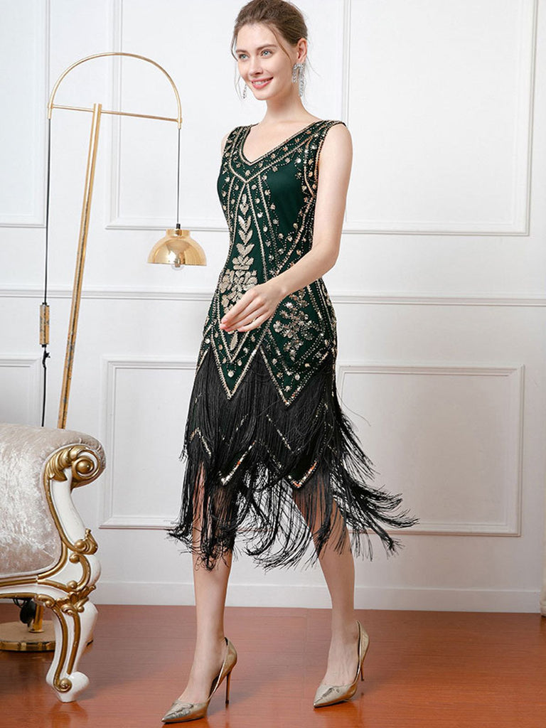 1920s V-Neck Sequined Tassel Flapper Sleeveless Dress