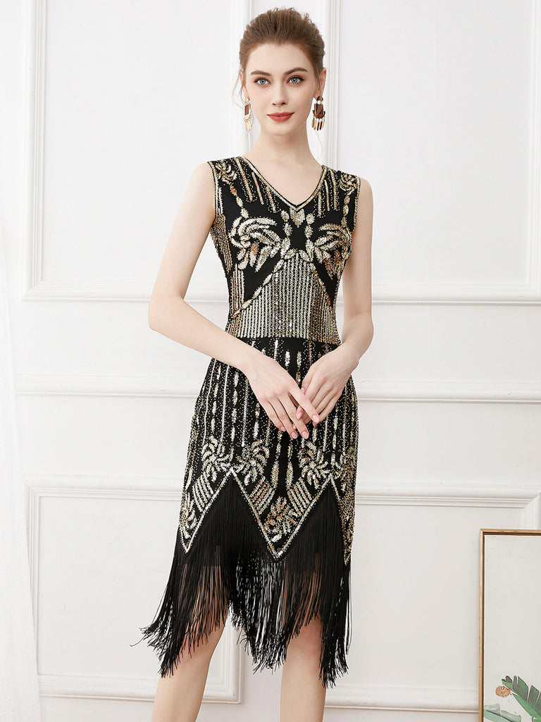 Gold 1920s Tassel Sequined Sleeveless Gatsby Dress