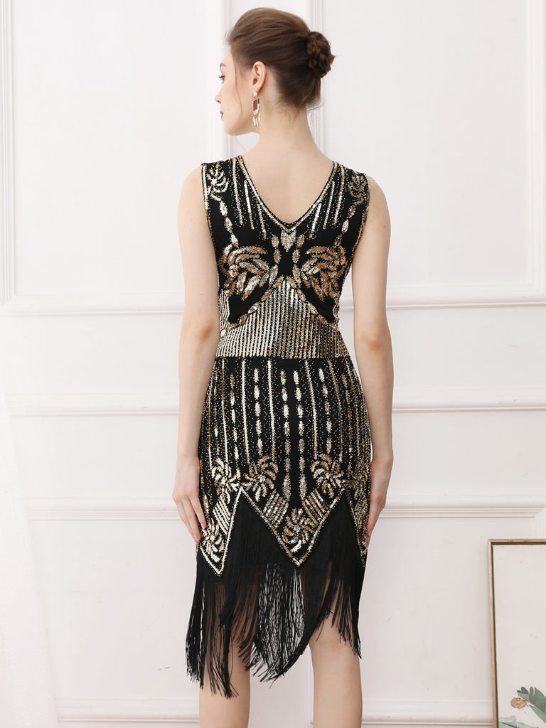 Gold 1920s Tassel Sequined Sleeveless Gatsby Dress